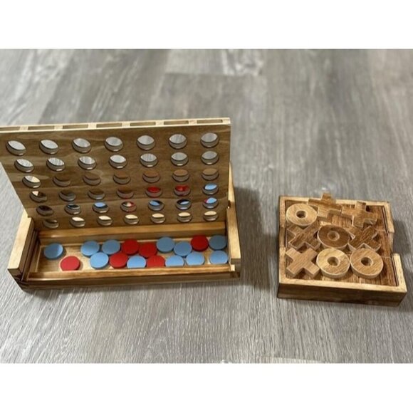 New Tic Tac Toe & 4 in a Row Table Games Set - Rustic Decor Wood Strategy - Picture 1 of 2